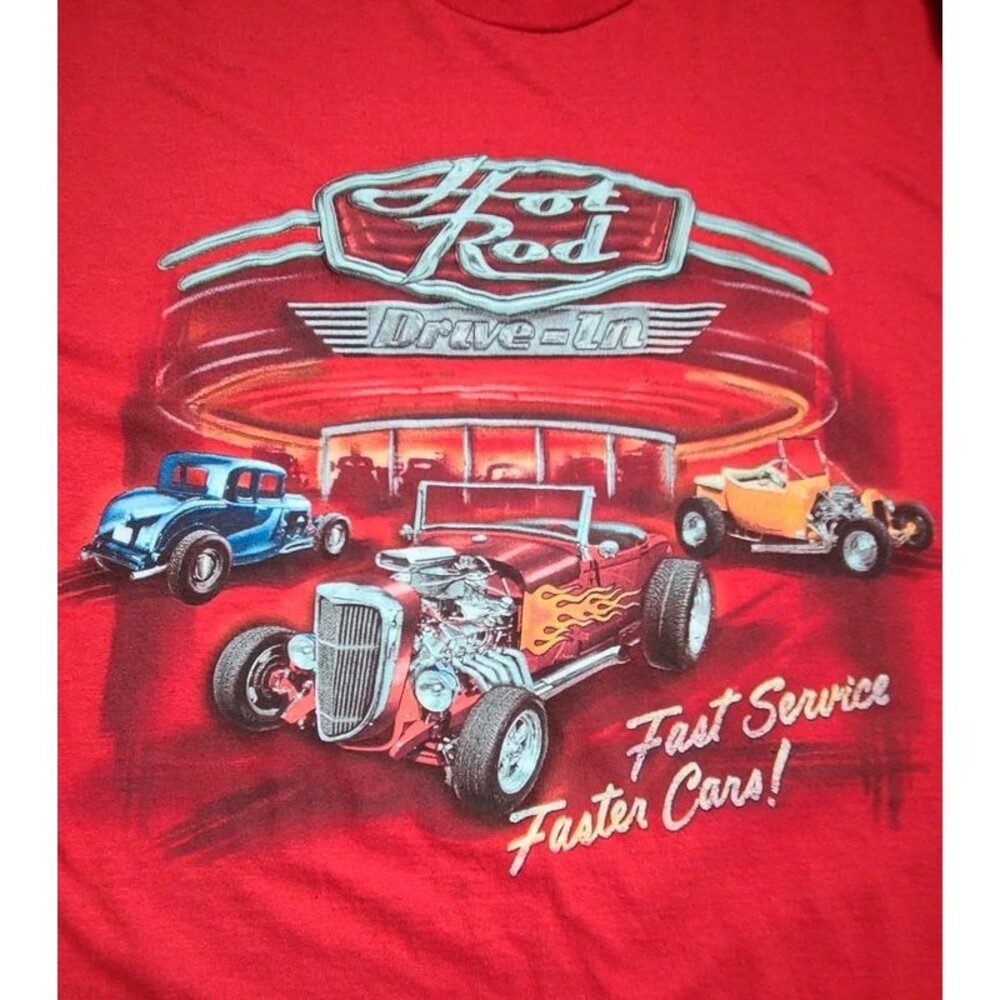 Hot Rod Cars Drive-in Size XL 100% Cotton Red Short Sleeve T-shirt 1950's Deuce